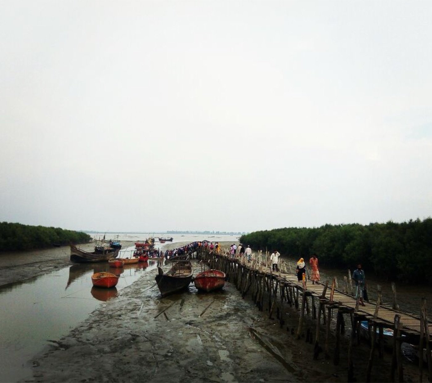 People walking along a wooden jetty beside boats and coastal trees